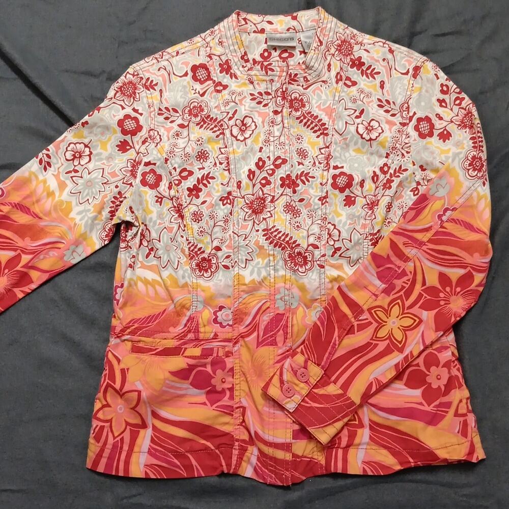 Chico's Colorful Red Orange Floral Print Casual Jacket Women's Size 1 Med / 8